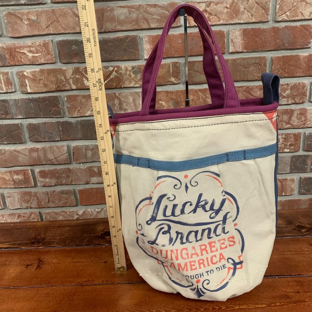 Lucky Brand Dungarees Large Cream Blue Women's Canvas Tote Bucket Bag GUC - Picture 8 of 11